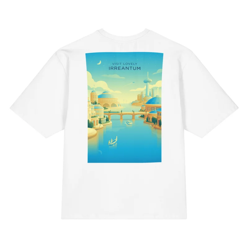 Visit Lovely Irreantum Oversized Cotton T-Shirt, back view with Visit Lovely Irreantum poster art